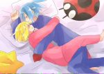  amitie_(puyopuyo) blonde_hair blue_hair closed_eyes hug ladybug lowres matsu_(sekaowaoneok) pajamas pillow puyopuyo puyopuyo_fever sig_(puyopuyo) sleepy star_print 