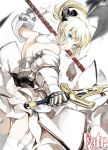  armor bare_back bare_shoulders blonde_hair detached_sleeves fate/stay_night fate_(series) garter_straps gauntlets green_eyes ponytail saber saber_lily sword thigh-highs weapon yunar 