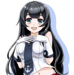  1girl agano_(kantai_collection) aqua_eyes black_hair blush breasts gloves hands_on_own_chest highres kantai_collection large_breasts long_hair looking_at_viewer midriff navel open_mouth school_uniform serafuku shadow simple_background smile solo tk8d32 upper_body white_background 