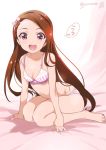  1girl :d arm_support bangs bare_legs barefoot bow bow_bra bra brown_hair hairband idolmaster inoue_sora leaning_forward long_hair looking_at_viewer minase_iori open_mouth panties pink_bra pink_eyes pink_panties print_panties sitting small_breasts smile solo swept_bangs twitter_username underwear underwear_only wariza 