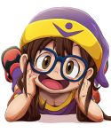  1girl arm_support blush brown_eyes dagashi_(daga2626) dr._slump glasses hat highres joints long_hair lying norimaki_arale on_stomach open_mouth shoes simple_background smile sneakers solo white_background 