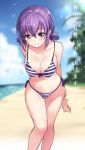  1girl arms_behind_back beach bikini blush breasts cleavage clouds front-tie_top gan_(shanimuni) highres large_breasts leaning_forward lens_flare looking_at_viewer low_twintails navel original purple_hair shiny shiny_skin short_hair short_twintails side-tie_bikini sketch sky smile solo striped striped_bikini striped_swimsuit swimsuit thigh_gap translation_request twintails violet_eyes wet 