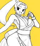  1girl 1zu3 :d bangs between_breasts king_of_fighters long_hair open_mouth parted_bangs ponytail revealing_clothes shiranui_mai smile solo wide_hips yellow_background 