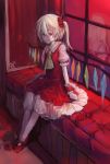  1girl ascot blonde_hair blood crystal dress flandre_scarlet flower full_body gensou_aporo glowing glowing_eyes hair_ornament hair_ribbon looking_at_viewer mary_janes no_hat puffy_sleeves red_dress red_eyes reflection ribbon rose shoes short_hair short_sleeves side_ponytail sitting solo touhou white_legwear window wings wrist_cuffs 