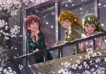  3girls :d ^_^ ahoge aqua_eyes brown_eyes brown_hair closed_eyes flower green_hair hairband idolmaster idolmaster_million_live! long_hair multiple_girls narumi_nanami open_mouth petals shimabara_elena smile tanaka_kotoha tokoro_megumi 