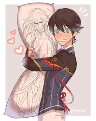  /\/\/\ 1boy black_hair blue_eyes blush dakimakura_(object) heart horikawa_kunihiro izumi-no-kami_kanesada kanapy male_focus pillow touken_ranbu 