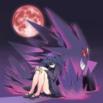  1girl ahoge blue_hair dress full_moon gengar grin hairband hex_maniac_(pokemon) highres leg_hug mega_gengar mega_pokemon moon nail_polish pokemon pokemon_(creature) pokemon_(game) pokemon_xy red_eyes red_moon shiny shiny_hair sitting size_difference smile third_eye tm_(hanamakisan) violet_eyes yellow_eyes 