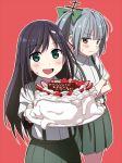  2girls :d aqua_eyes arm_warmers asashio_(kantai_collection) black_hair blush bow brown_eyes cake collared_shirt crossed_arms food food_on_face food_on_head food_writing fruit green_bow green_skirt hair_bow hair_ornament holding holding_plate icing kantai_collection kasumi_(kantai_collection) kinosuke_(sositeimanoga) long_hair looking_at_viewer multiple_girls object_on_head open_mouth outline pink_background plate shirt short_sleeves side_ponytail simple_background skirt smile strawberry suspenders translation_request whipped_cream 