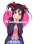  1girl bow hair_bow hands_on_own_cheeks hands_on_own_face happy_birthday jacket long_sleeves looking_at_viewer love_live!_school_idol_project misoni_comi red_eyes school_uniform shirt skirt solo twintails vest yazawa_nico 