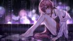 1girl bare_shoulders barefoot bent_knees breasts brown_eyes cleavage crying full_body highres hoodie long_hair looking_at_viewer nekomura_iroha ohagi_(ymnky) pink_hair ponytail rain sitting solo very_long_hair vocaloid 