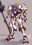  full_body gundam gundam_barbatos gundam_iron-blooded_orphans mecha no_humans polearm shoka simple_background solo spear weapon 