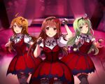  3girls ahoge anaroguya aqua_eyes bat blue_eyes brown_eyes brown_hair dress fang fingerless_gloves gloves green_hair hairband idolmaster idolmaster_million_live! long_hair looking_at_viewer multiple_girls my_dear_vampire nail_polish open_mouth shimabara_elena spider_web_print tanaka_kotoha tokoro_megumi 