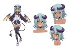  1girl black_sclera blue_hair collarbone dark_skin demon_girl demon_horns demon_tail demon_wings facial_expressions fang full_body green_eyes grin hand_on_hip hoodie horns lilith_(monster_musume) long_sleeves monster_musume_no_iru_nichijou official_art pointy_ears shoes simple_background slit_pupils smile solo tail thigh-highs white_background wings 