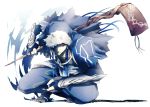  1boy blue_hair cape cloak cu_chulainn_(fate/grand_order) fate/grand_order fate_(series) lancer solo squatting staff yuu_(guruko) 