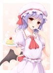  1girl ascot bat_wings blue_hair blush cake dress fang finger_to_mouth food fruit looking_at_viewer mob_cap pink_background pink_dress plate pointy_ears puffy_short_sleeves puffy_sleeves red_eyes remilia_scarlet sash short_sleeves solo strawberry tokugawa_landine tongue tongue_out touhou wings 