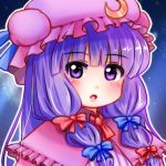 1girl blush bow crescent hat highres long_hair open_mouth pajamas patchouli_knowledge portrait purple_hair ribbon sashimin☆ solo touhou violet_eyes 