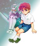  anz child gradient gradient_background hierophant_green jojo_no_kimyou_na_bouken kakyouin_noriaki outline polo_shirt redhead shorts sitting stand_(jojo) violet_eyes younger 