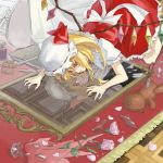  1girl blonde_hair different_reflection flandre_scarlet flower glass_shards kneeling looking_at_viewer mirror red_eyes reflection rose shirazugoe smirk solo touhou 