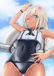 &gt;;) 1girl blonde_hair blue_eyes blue_sky blush clouds covered_navel cowboy_shot crop_top flower from_below hair_flower hair_ornament hand_on_hip kantai_collection long_hair looking_at_viewer one_eye_closed outdoors remil ro-500_(kantai_collection) sailor_collar school_swimsuit school_uniform serafuku sky sleeveless small_breasts smile solo swimsuit swimsuit_under_clothes tan tanline torpedo wristband 