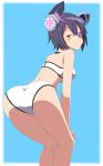  1girl :/ ass bikini blush eyepatch from_behind hands_on_own_knees kantai_collection purple_hair solo swimsuit tenryuu_(kantai_collection) toho-77 yellow_eyes 