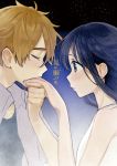  1boy 1girl black_hair blue_eyes brown_hair closed_eyes couple hand_kiss hetero kiss kitashirakawa_tamako long_hair momose_(oqo) night night_sky ooji_mochizou short_hair sky tamako_market 