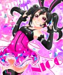  1girl \m/ animal_ears black_gloves black_hair character_name dated double_\m/ dress elbow_gloves fingerless_gloves gloves grin happy_birthday headset highres looking_at_viewer love_live!_school_idol_project mutsuki_uto pink_eyes rabbit_ears ribbon smile solo twintails yazawa_nico 