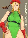  1girl ahoge beret blonde_hair blue_eyes braid breasts cammy_white character_name collarbone contrapposto copyright_name covered_navel elbow_gloves fingerless_gloves gloves hand_on_hip harness hat highleg highleg_leotard huge_ahoge leotard long_hair looking_at_viewer nose r_(waru) red_gloves scar skin_tight solo street_fighter street_fighter_v twin_braids very_long_hair 