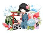 1girl black_hair chamooi food fruit japanese_clothes kimono long_hair mimi_(mimimememimi) mimimememimi_(band) original shochuumimai summer torii watermelon yukata 