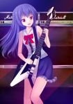  1girl adapted_costume amplifier blue_hair bow collarbone electric_guitar guitar hifumiyo highres hinanawi_tenshi instrument long_hair miniskirt no_hat open_mouth playing_instrument red_eyes skirt sleeveless solo touhou 