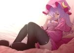  1girl black_legwear capelet crescent dress long_hair long_sleeves looking_at_viewer mob_cap open_clothes patchouli_knowledge purple_hair sitting solo striped striped_dress thigh-highs touhou violet_eyes watchi wide_sleeves zettai_ryouiki 