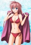  1girl bikini blue_eyes blush breasts cleavage fingernails long_hair navel open_mouth original pink_hair red_bikini shunrei_(blue_sanctuary) side-tie_bikini smile standing swimsuit towel 