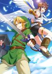  2boys absurdres blonde_hair blue_eyes brown_hair earrings fang grin highres jewelry kid_icarus link male_focus multiple_boys open_mouth pit_(kid_icarus) pointy_ears shield smile super_smash_bros. sword the_legend_of_zelda tubumi weapon wings 