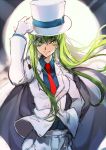  1girl c.c. cape code_geass creayus formal gloves green_hair grin hand_in_pocket hat kaitou_kid kaitou_kid_(cosplay) long_hair looking_at_viewer meitantei_conan monocle necktie smile solo suit top_hat twitter_username white_gloves yellow_eyes 