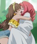  2girls akagi_towa amanogawa_kirara bare_shoulders brown_hair closed_eyes go!_princess_precure hairband haruyama_kazunori hug laughing long_hair midriff multiple_girls open_mouth pink_hair precure twintails yuri 