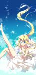  1girl air barefoot blonde_hair blue_eyes dress hana_(apple_water) highres kamio_misuzu long_hair ponytail underwater 
