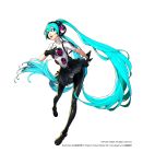  1girl absurdres black_gloves blue_eyes blue_hair gloves hand_on_own_chest hatsune_miku headphones highres long_hair looking_at_viewer official_art persona persona_4 persona_4:_dancing_all_night smile soejima_shigenori solo twintails very_long_hair vocaloid white_background 