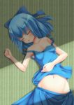  1girl alternate_costume blue_hair cirno closed_eyes collarbone hair_ornament hair_ribbon highres kirimori_toya lying midriff navel no_wings off_shoulder on_back on_floor open_mouth ribbon shirt short_hair skirt sleeping sleeveless solo touhou 