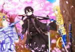  1girl 2boys alice_schuberg armor black_eyes black_hair blonde_hair blue_eyes cherry_blossoms eugeo fingerless_gloves gauntlets gloves green_eyes highres japanese_armor japanese_clothes kirito long_hair mizuna_mizuna multiple_boys short_hair sword sword_art_online tree weapon 