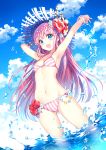  1girl armpits arms_up bikini blue_eyes blush breasts bubble clouds flower from_below hair_flower hair_ornament hat highres long_hair looking_at_viewer midriff nardack navel open_mouth original pink_hair sky solo striped striped_bikini striped_swimsuit swimsuit water wristband 