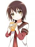  1girl brown_eyes brown_hair coffee_mug collarbone funami_yui highres kuro_neko_(artist) namori_(fictional_persona) parted_lips school_uniform serafuku short_hair simple_background solo white_background yuru_yuri 