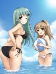  2girls ;) adjusting_clothes adjusting_swimsuit ball beachball bikini black_bikini black_swimsuit blush breasts brown_hair check_translation clouds commentary don_(29219) green_eyes green_hair hair_ornament hairclip kantai_collection kumano_(kantai_collection) legs light_brown_eyes long_hair looking_at_viewer looking_back multiple_girls ocean one_eye_closed open_mouth ponytail sky smile suzuya_(kantai_collection) swimsuit thighs translation_request water white_bikini white_swimsuit 