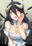  1girl albedo bare_shoulders black_hair blush breasts cccpo cleavage demon_girl detached_collar dress feathers highres horns large_breasts overlord_(maruyama) shiny shiny_hair slit_pupils solo sweatdrop tongue translucent_hair yellow_eyes 