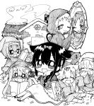  6+girls ;) absurdres ahoge apple bird braid closed_eyes commentary dwarf fang fawn food fruit glasses hair_flaps hair_ornament hair_ribbon hairclip harusame_(kantai_collection) highres house jakoo21 kantai_collection mirror monochrome multiple_girls murasame_(kantai_collection) one_eye_closed parody queen_(snow_white) queen_(snow_white)_(cosplay) rabbit remodel_(kantai_collection) ribbon samidare_(kantai_collection) shigure_(kantai_collection) shiratsuyu_(kantai_collection) single_braid smile snow_white snow_white_(cosplay) snow_white_and_the_seven_dwarfs suzukaze_(kantai_collection) yuudachi_(kantai_collection) 