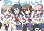  4girls ahoge aoba_(kantai_collection) aqua_eyes black_hair black_legwear brown_hair furutaka_(kantai_collection) glowing glowing_eye green_eyes hair_ornament hairclip hyadain_no_joujou_yuujou kako_(kantai_collection) kantai_collection kinugasa_(kantai_collection) kurono_tokage locked_arms long_hair multiple_girls neckerchief nichijou open_mouth parody pink_hair ponytail school_uniform serafuku short_hair shorts skirt smile thigh-highs twintails yellow_eyes 