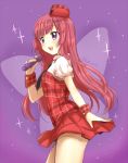  1girl character_request copyright_request highres long_hair microphone open_mouth plaid plaid_hat plaid_shirt plaid_skirt purple_background redhead sa_ioio shirt skirt solo violet_eyes wrist_cuffs 