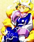  1girl animal_ears blonde_hair blush dress fox_ears fox_tail gradient gradient_background hat highres long_sleeves looking_at_viewer mob_cap multiple_tails onyuuuu short_hair smile solo tabard tail tongue tongue_out touhou white_dress wide_sleeves yakumo_ran yellow_eyes 
