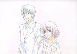  1boy 1girl colored_pencil_(medium) formal locked_arms monochrome necktie nonaka_haru sey short_hair traditional_media uozumi_rikuo yesterday_wo_utatte 
