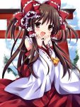  alternate_hairstyle ascot bare_shoulders blush bow brown_eyes brown_hair detached_sleeves hair_bow hair_tubes hakurei_reimu hand_to_own_mouth long_hair sash torii two_side_up 