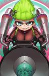  1girl aqua_eyes aqua_hair collaboration domino_mask fangs hat highres inkling ishutani long_hair looking_at_viewer mask naso4 open_mouth paint_splatter pointy_ears smile solo splatoon tentacle_hair track_jacket 