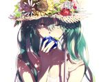  aqua_eyes aqua_hair blue_apple blue_nails collarbone df=6 dress eating fingernails flower grey_eyes hair_between_eyes hat hatsune_miku heterochromia leaf nail_polish rod simple_background sun_hat sundress vocaloid white_background 